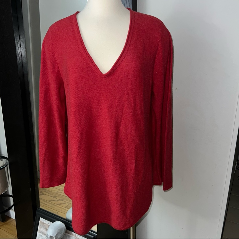 Eileen Fisher 100% Organic Cotton Red V-Neck Tunic Sweater – Size XL